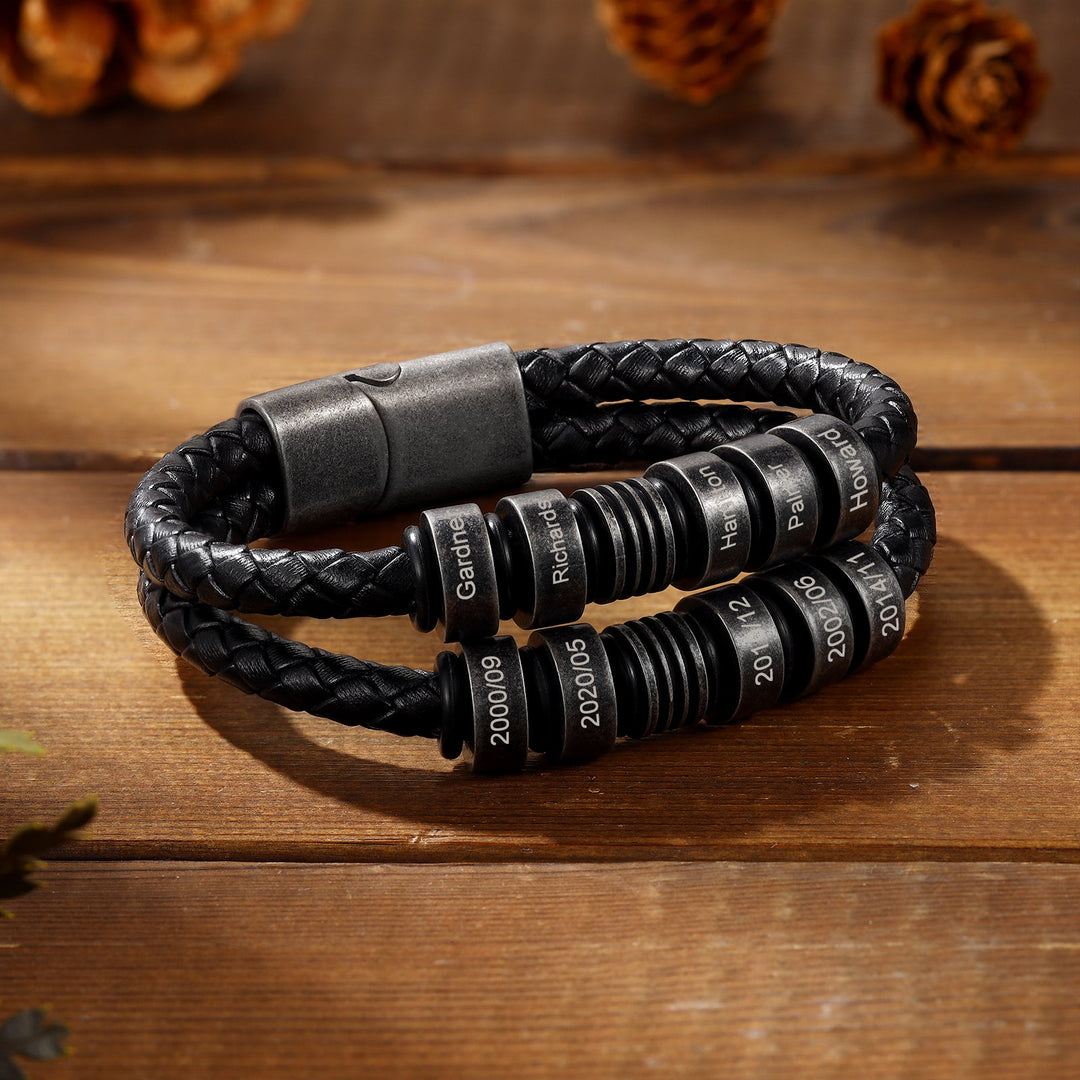 Black Braided Leather Bracelet with Ten Custom Engraving Options - Herzschmuck